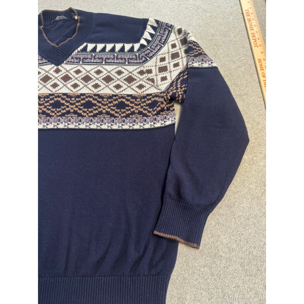 Sean John V Neck Sweater Mens 3XL Navy Blue Good Fair Isle Geometric Pullover - Picture 3 of 11